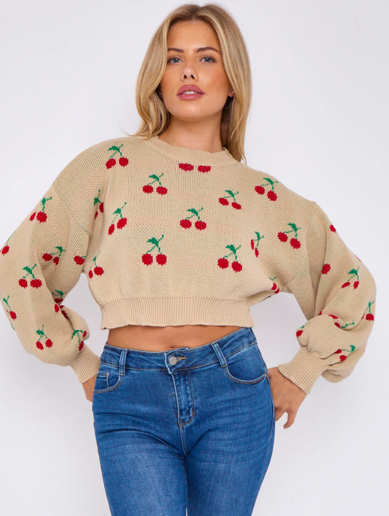 Cherry Detail Oversized Cropped Knitted Jumper Savage Dolls
